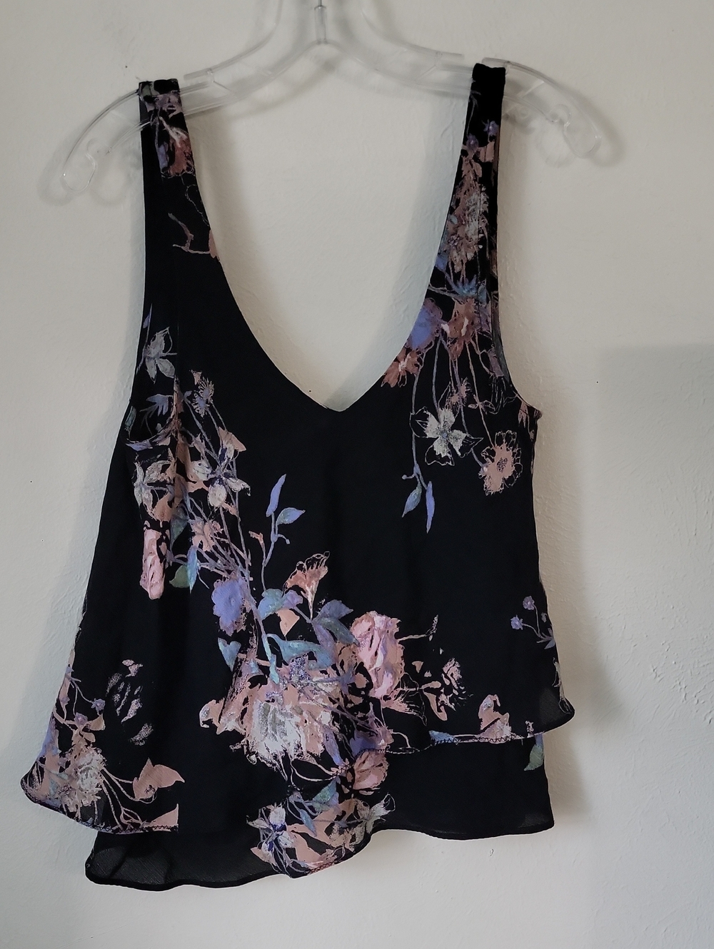 Free People Intimately  Black Floral V-Neck Layered Ruffle Camisole Medium Y2k